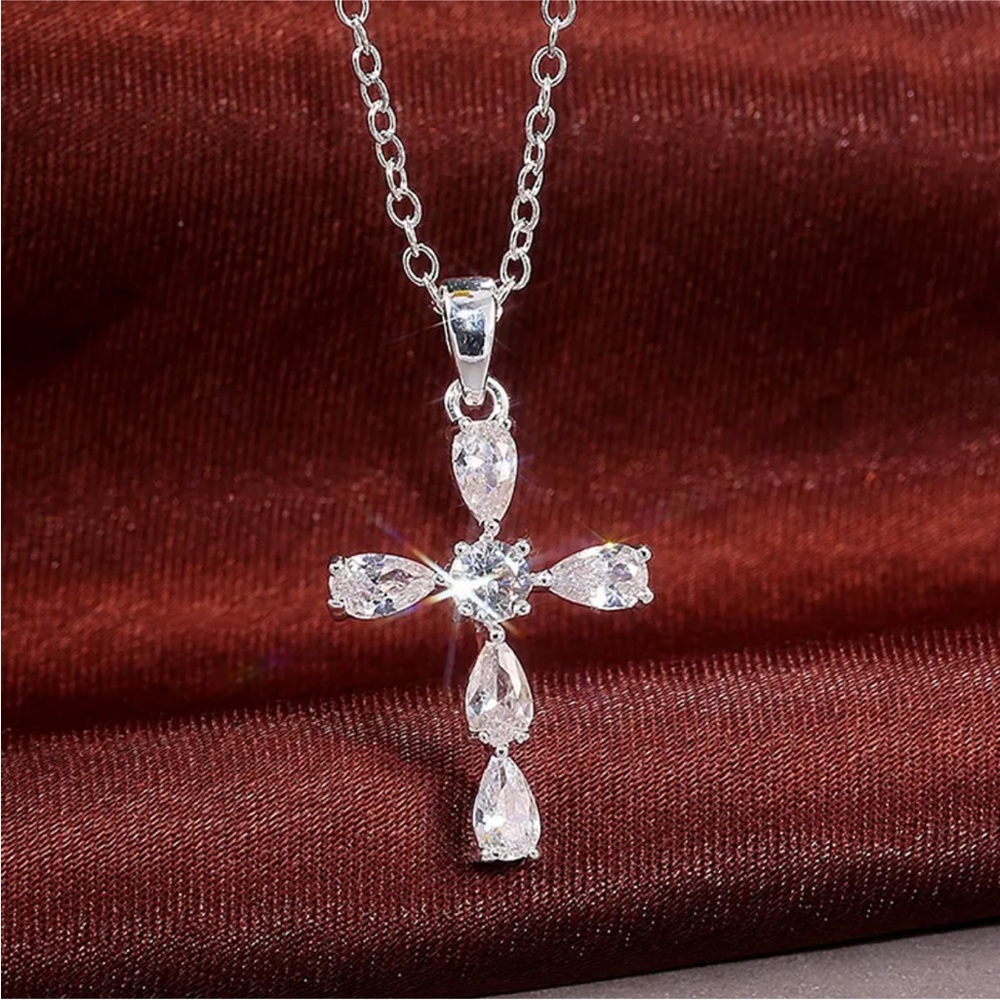 Fashion Cross Silver Plated Necklace Pendant Cubic Zircon Men Women